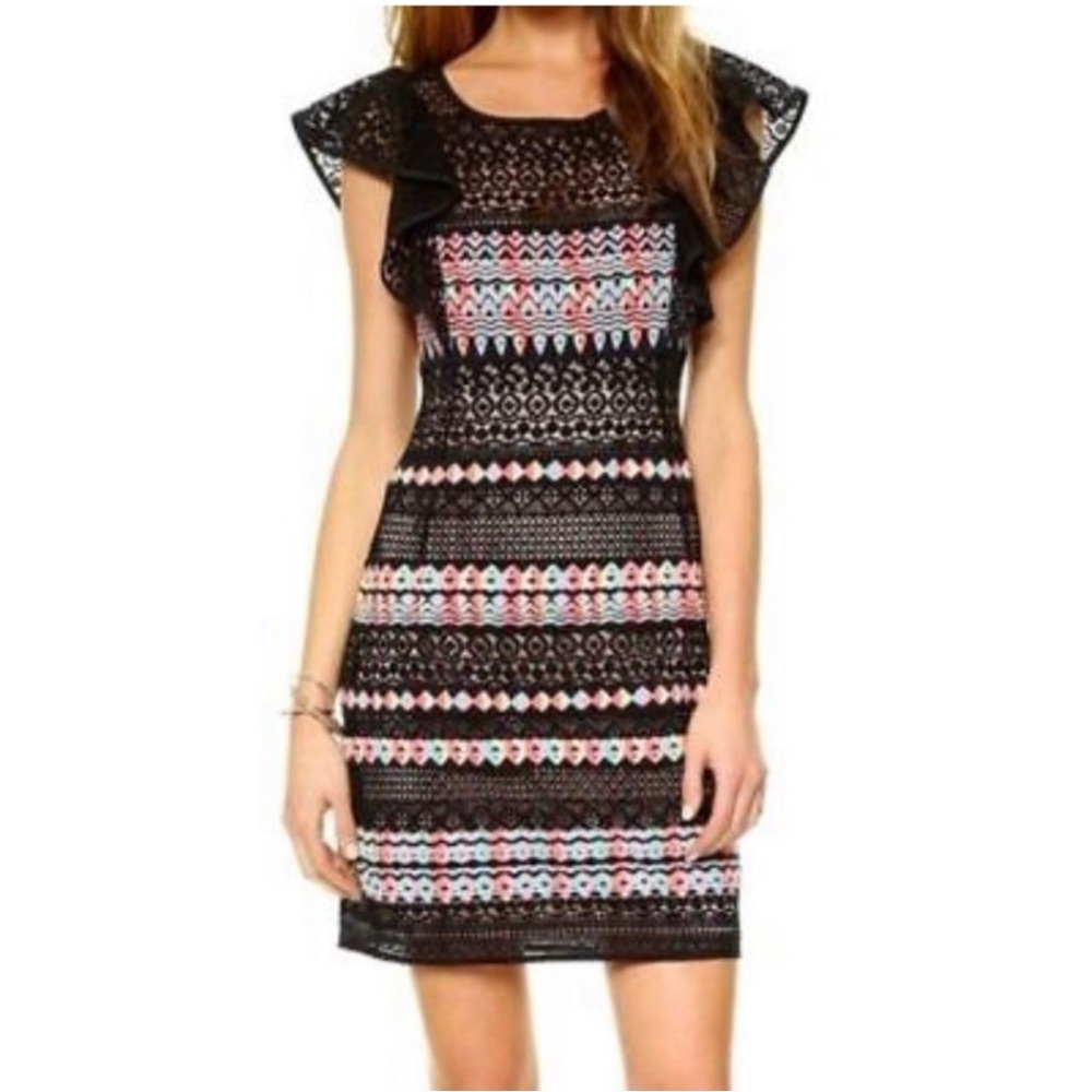 Bcbg Maxazria Roxine Black Multicolor Tribal Lace Party Dress